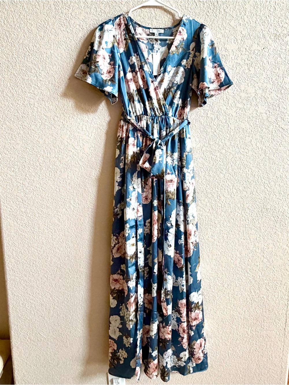 NWT Baltic‎ Born Sicily Blue Satin Short Sleeve Maxi Dress Floral Womens XS